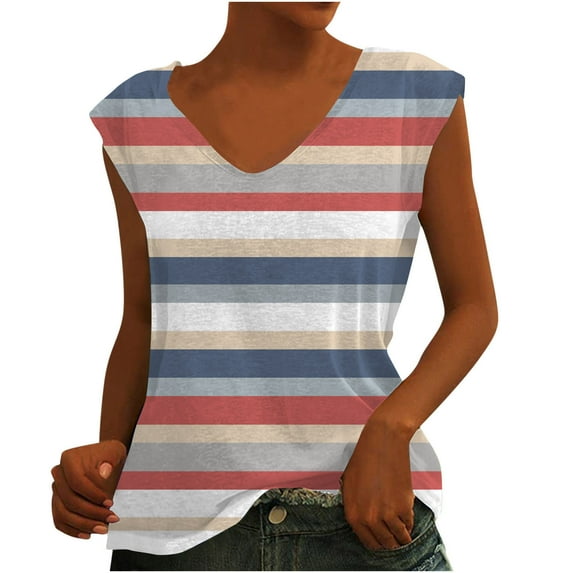 Lufly Tank Tops for Women Causal V-Neck Stripe Printing Blouse Sleeveless Elegant T-Shirt,Blue,L