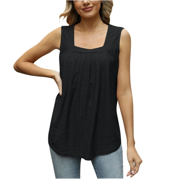 Lufly Tank Tops for Women Fasion Pleated Square Neck Sleeveless Summer Tops Curved Hem Flowy Shirts,Black,XL