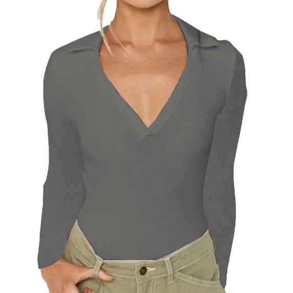 Lufly Tank Tops for Women Sexly Long Sleeve Tops Solid Tight Cotton Rib Racerback Deep V Neck Vest,Gray,S