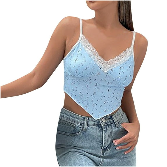 Lufly Tank Tops for Women Trendy Women's Commute Vest Lace Navel V Neck Blouse Tank Tops ,Light Blue,S