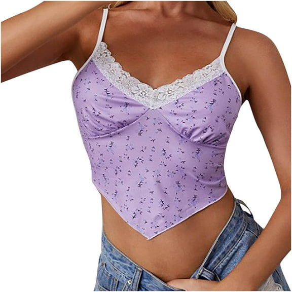 Lufly Tank Tops for Women Trendy Women's Commute Vest Lace Navel V Neck Blouse Tank Tops ,Purple,L
