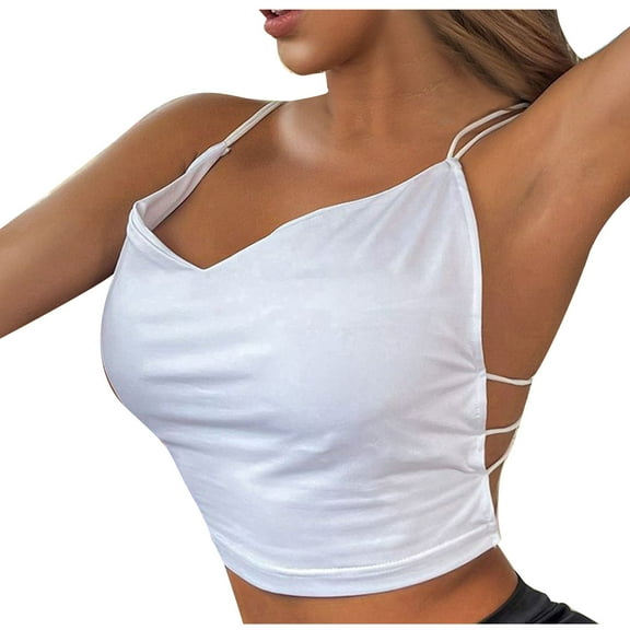 Lufly Tank Tops for Womens Casual Deep V-Neck Summer Sleeveless Sexy Backless Casual Basic Crop Tops,White,M