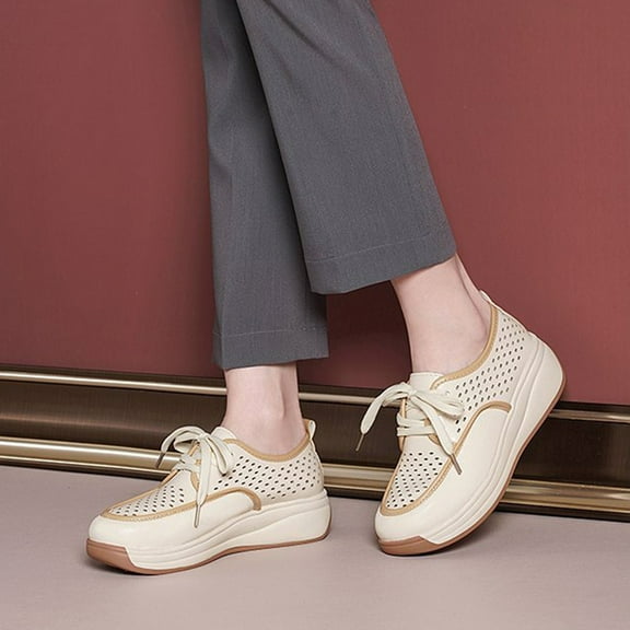 Lufly Thick-soled Slope Heeled Lace-up Hollowed Breathable Loafers Retro Style Sports Casual Shoes Comfortable Inner Height Increase Casual Shoes