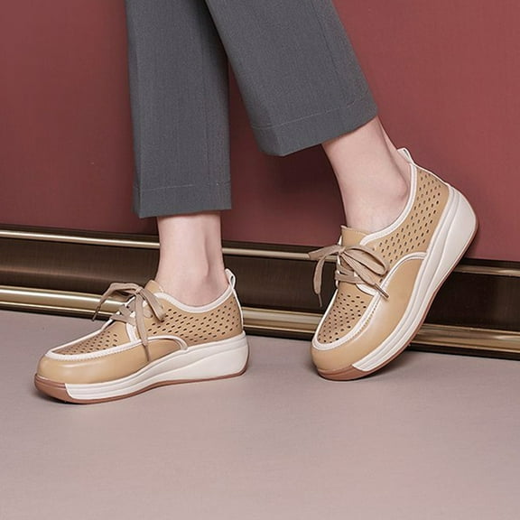 Lufly Thick-soled Slope Heeled Lace-up Hollowed Breathable Loafers Retro Style Sports Casual Shoes Comfortable Inner Height Increase Casual Shoes