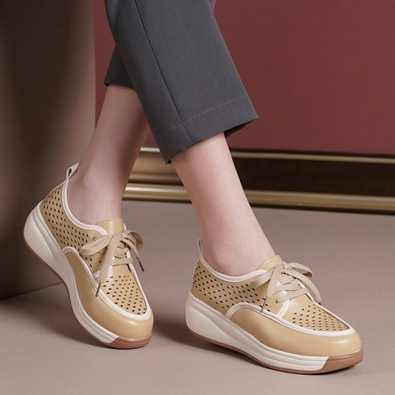Lufly Thick-soled Slope Heeled Lace-up Hollowed Breathable Loafers Retro Style Sports Casual Shoes Comfortable Inner Height Increase Casual Shoes