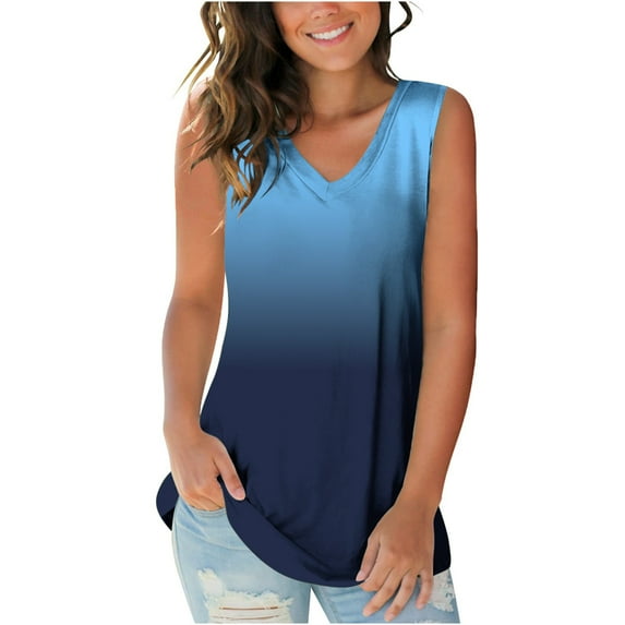 Lufly Tops for Women Gradient V-neck Comfortable Loose T-shirt Casaul Sleeveless Blouse,Blue,M