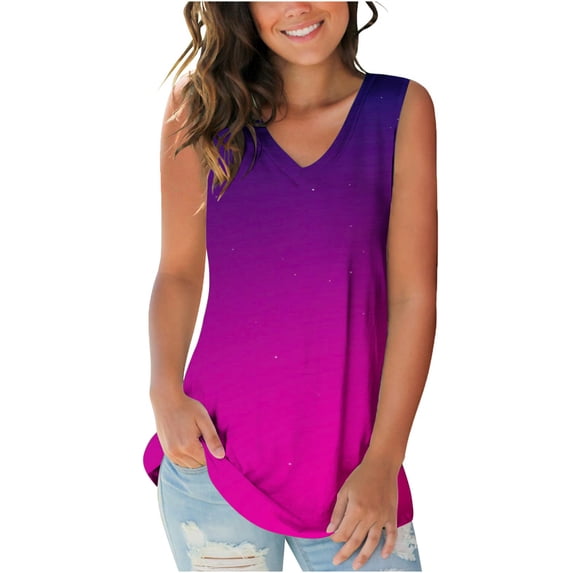Lufly Tops for Women Gradient V-neck Comfortable Loose T-shirt Casaul Sleeveless Blouse,Hot Pink,XXL