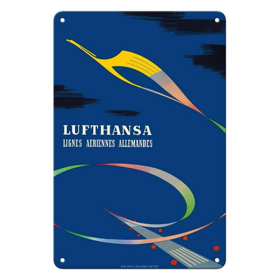 Lufthansa - German Airlines (Lignes Ariennes Allemande) - Vintage Airline Travel Poster by Theodor Abeking c.1955 - 8 x 12 inch Vintage Metal Tin Sign