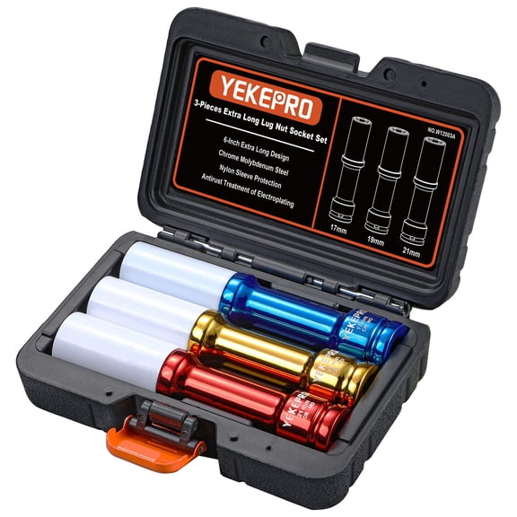 Lug Nut Socket Set 1/2" Drive Impact Tools, Non-marring & Thin Wall Lug Nut Socket Set, Extra Long 150mm Deep Socket for Wheel Lug Nut Remover, 3pcs Metric Sizes 17 19 21mm, 6 Point, W12003A