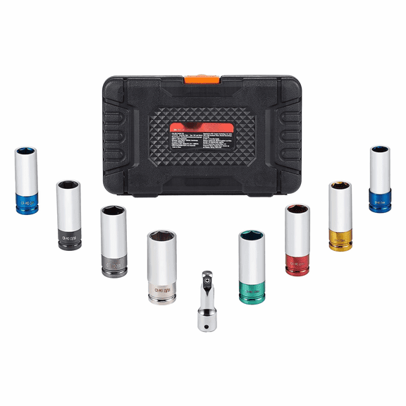 1/2 Inch Drive Lug Nut Socket Set - 8 Piece Metric & SAE Impact Sockets, CR-MO Steel, Deep 6-Point, with Storage Case & Extension Bar for Auto Repair