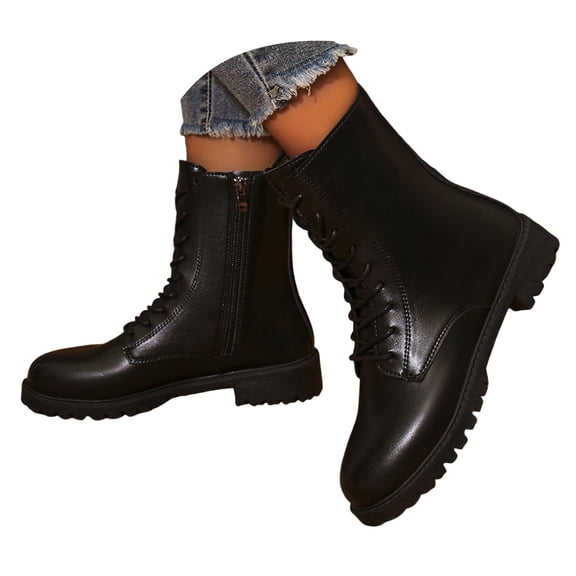 Lug Sole Combat Boots Womens Casual Low Heel Waterproof Leather Lace up Fall Winter Ankle Booties Side Zipper Short Riding Boots Black Size 7