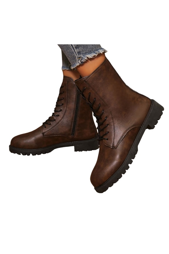 Lug Sole Combat Boots Womens Casual Low Heel Waterproof Leather Lace up Fall Winter Ankle Booties Side Zipper Short Riding Boots Brown Size 9