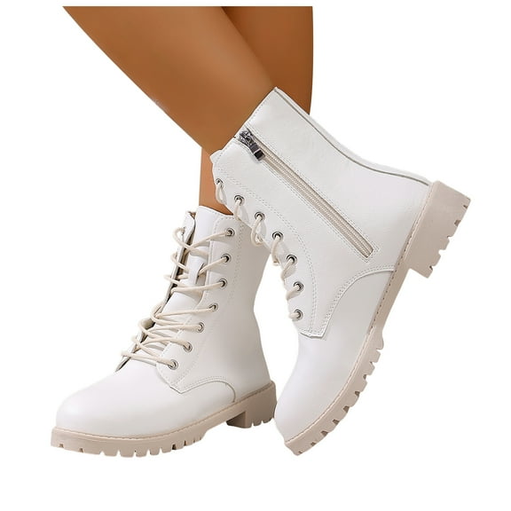 Lug Sole Combat Boots Womens Casual Low Heel Waterproof Leather Lace up Fall Winter Ankle Booties Side Zipper Short Riding Boots White Size 8.5