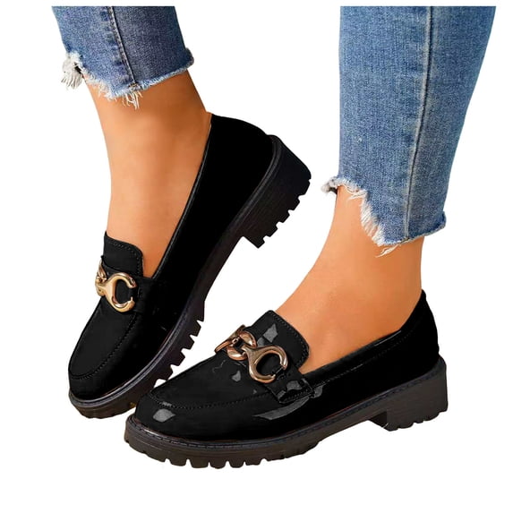 Lug Sole Loafers for Women Fashion Metal Chain Slip on Penny Loafers Round Toe Low Heel Wedding Party Dress Shoes Black Size 8.5
