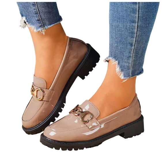 Lug Sole Loafers for Women Fashion Metal Chain Slip on Penny Loafers Round Toe Low Heel Wedding Party Dress Shoes Pink Size 7.5