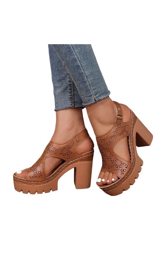 Lug Sole Platform Heels for Women Open Toe Wedge Sandals Retro Hollow out Leather Hook and Loop Slingback Pumps Shoes Brown Size 9