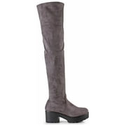 Lug Sole Pull On Stretchy Knee High Women's Boots in Grey