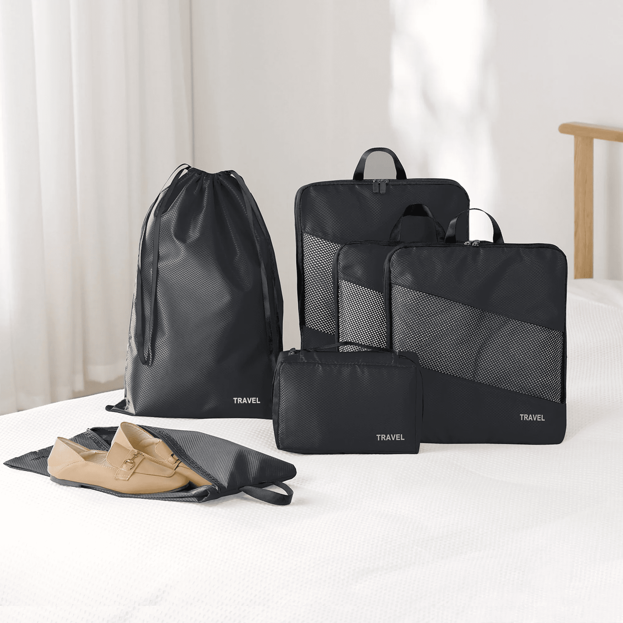 Lugackme 6 Set Compression Packing Cubes Lightweight Vacation Travel Essentials Durable Expandable Travel Packing Organizer Accessories Luggage Suitcase Backpack Black