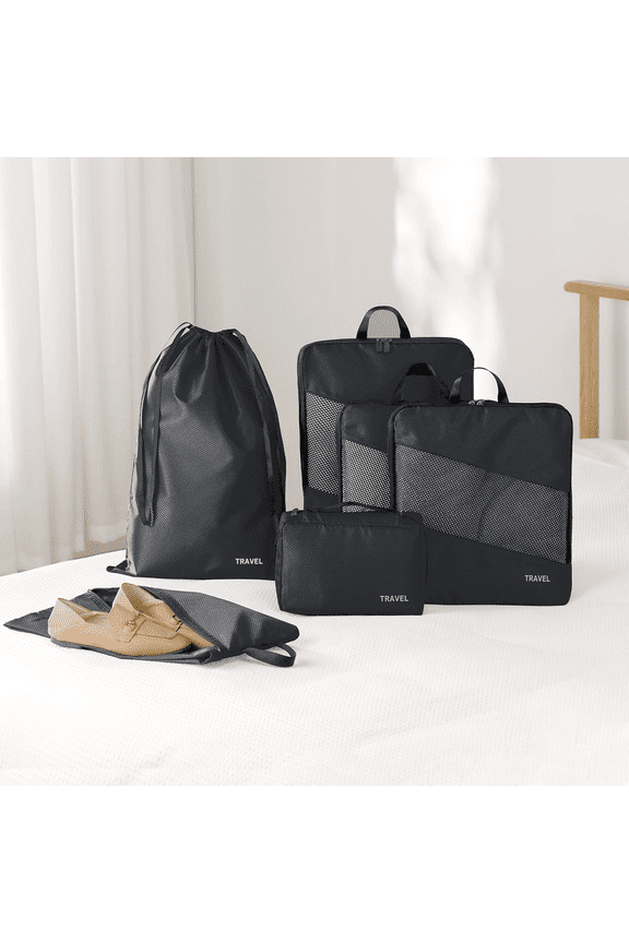 6 Set Compression Packing Cubes Lightweight Vacation Travel Essentials Durable Expandable Travel Packing Organizer Accessories Luggage Suitcase Backpack Black