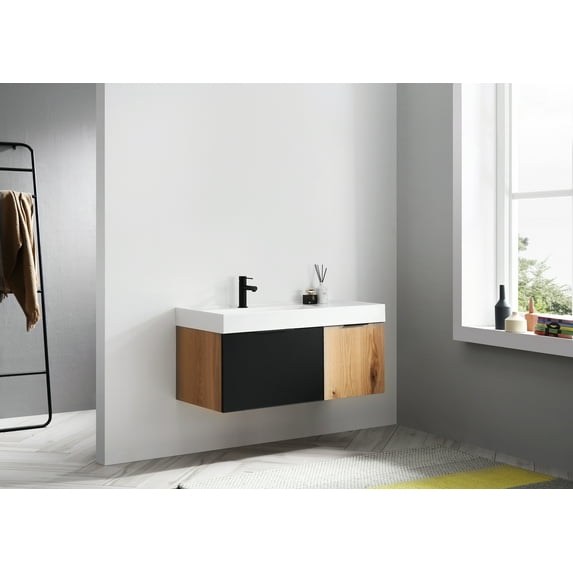 Lugano 42" Matte Black Glass and Maple Wall Mount Bathroom Vanity