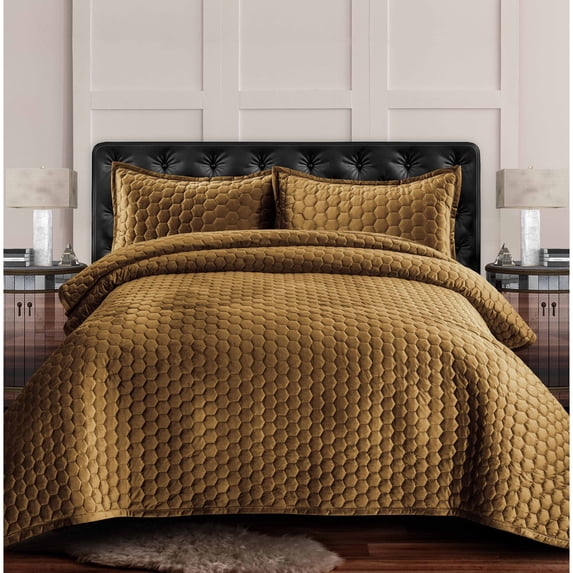 Lugano Honeycomb Velvet Oversized Solid Quilt Set Camel Twin 2 Piece