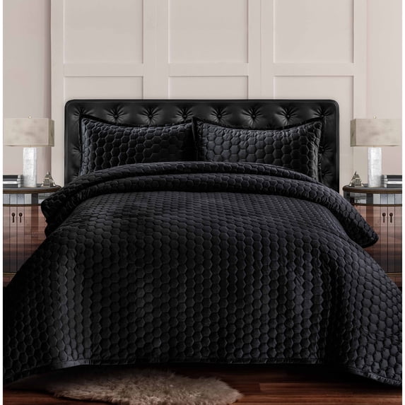 Lugano Honeycomb Velvet Oversized Solid Quilt Set Steel Grey Twin 2 Piece