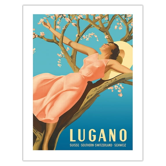 Lugano - Southern Switzerland (Suisse Schweiz) - Vintage Travel Poster by Gino Boccasile c.1939 - Bamboo Fine Art 290gsm Paper (Unframed) 17x22in
