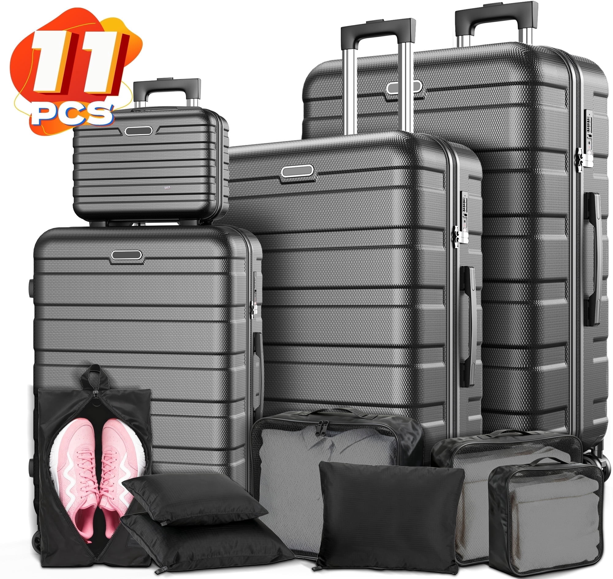 Luggage 11 Piece Set,Lightweight Carry On Luggage Suitcase Set with  Lock & Spinner Wheels Hardside Luggage Set 14in/20in/24in/28in, Black