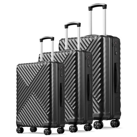 Luggage 3 Piece Set PC +ABS Suitcase Set with Wheels , Carry on and Checked luggage, Black