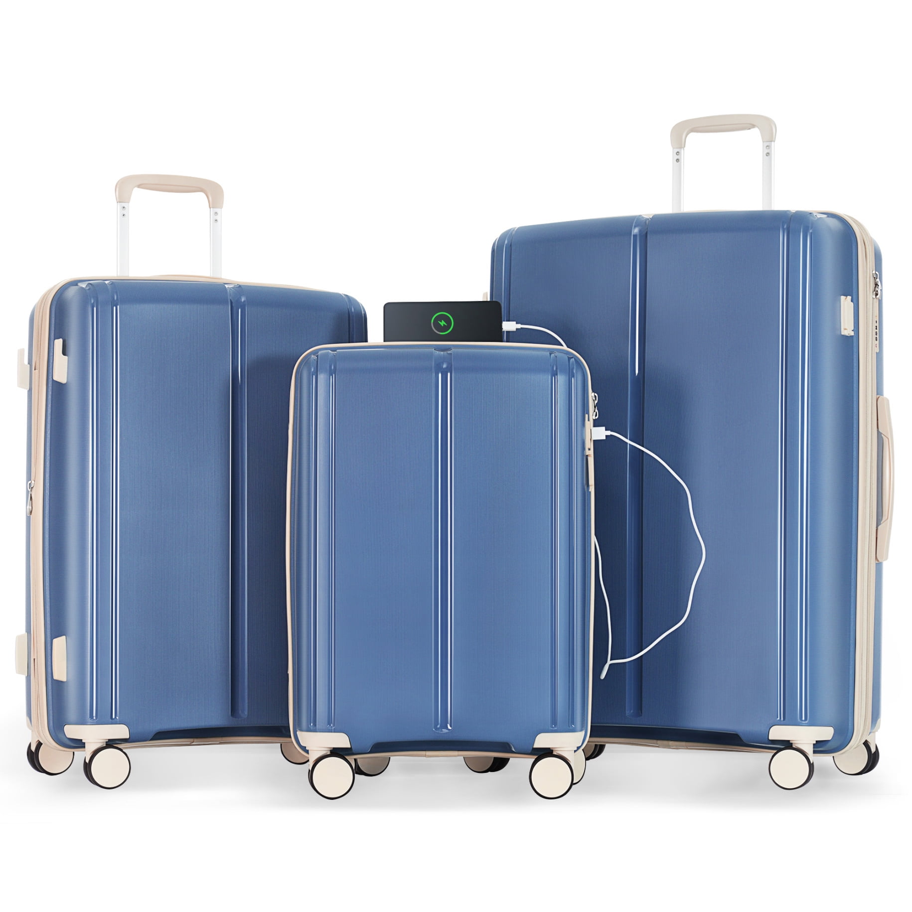 Luggage 3 Piece Set Suitcase with USB Port, Expandable Lightweight PP