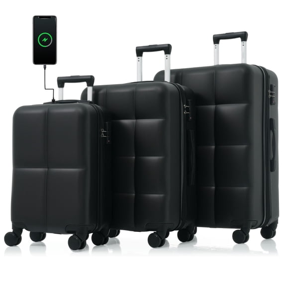 Luggage 3 Piece Sets, 20" Travel Suitcase with USB Port, Lightweight Carry on Luggage with Cup Holder, ABS Hardshell Luggage with Spinner Wheels, 20" 24" 28", Black