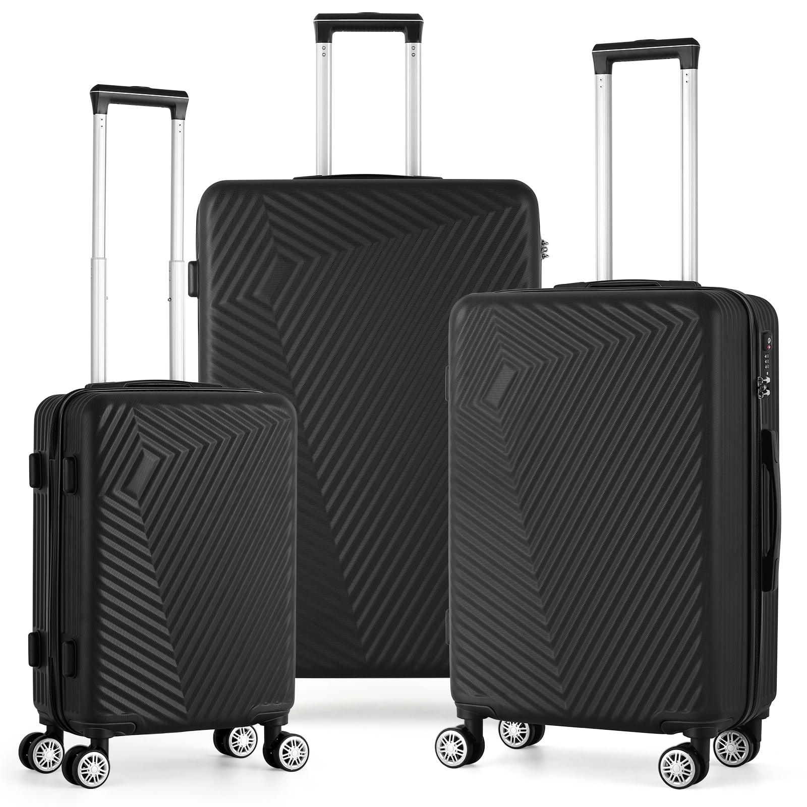 Luggage 3-Pieces Set ABS Durable Suitcase with Spinner Wheels Black 20"24"28"