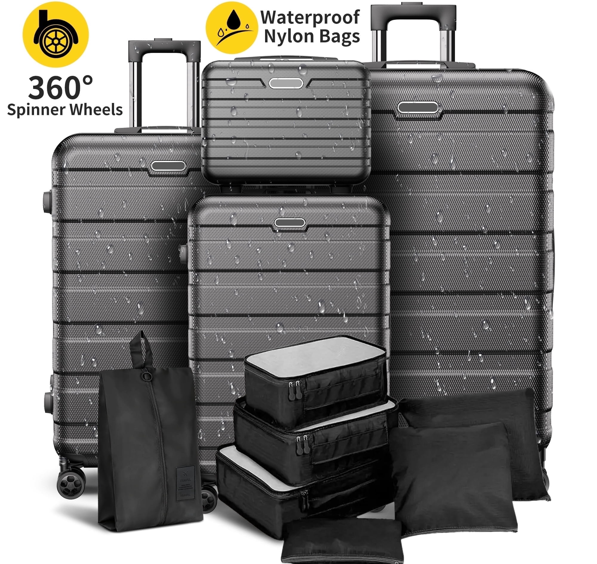 Luggage 11 Piece Set,Lightweight Carry On Luggage Suitcase Set with TSA-style Lock & Spinner Wheels Hardside Luggage Set 14in/20in/24in/28in(Black)