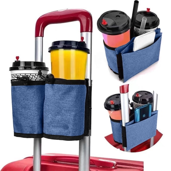 Luggage Accessory,Cup Holder,Adjustable Travel Drink Pouch,Multi Pocket Bag For Rolling Suitcase Handles(Blue)