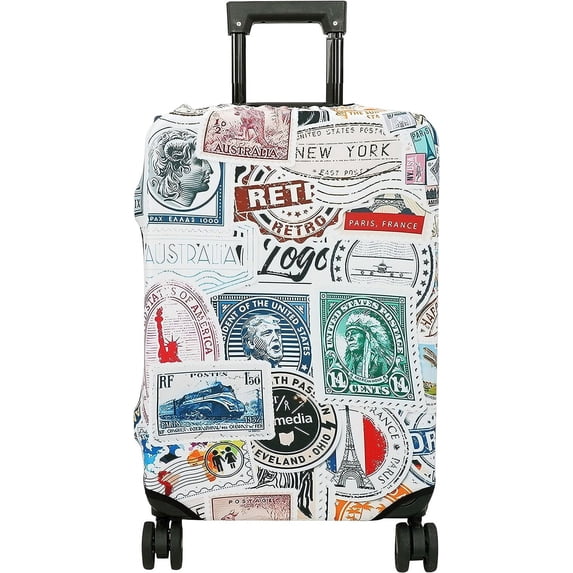 Luggage Cover Approved Travel Suitcase Protector Funny Postmarks Elastic Washable Baggage Covers for 18-20 inch Luggage(S)