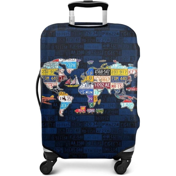Luggage Cover Elastic Washable License Plate Map of the World Travel Suitcase Protector Fit 25-28 Inch Luggage