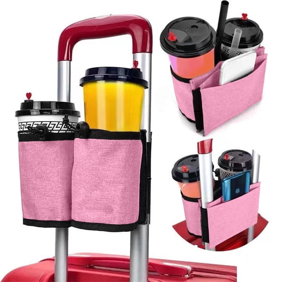 Luggage Cup Holder, Travel Cup Holder for Suitcase with Adjustable Strap, Portable Rolling Luggage Drink Holder for Coffee, Water Bottle, Travel Accessory