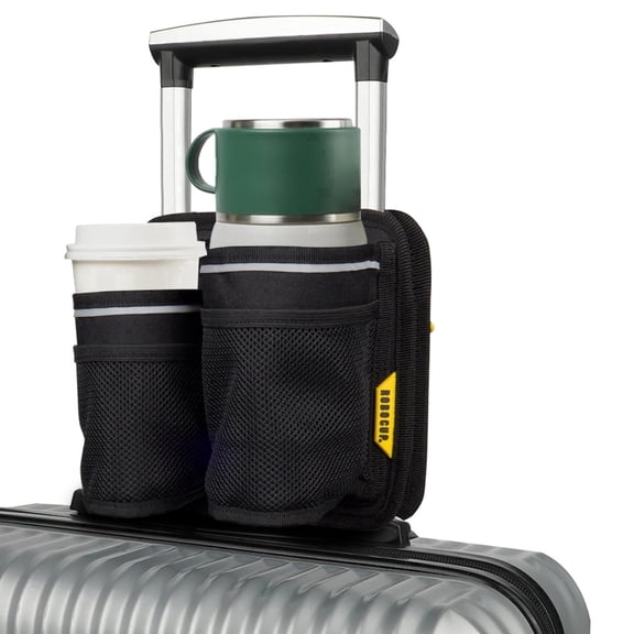 Luggage Handle Dual Drink Holder & Travel Organizer with Storage Pockets, Adjustable Universal Fit for Suitcases, Carry-Ons & Hard Cases