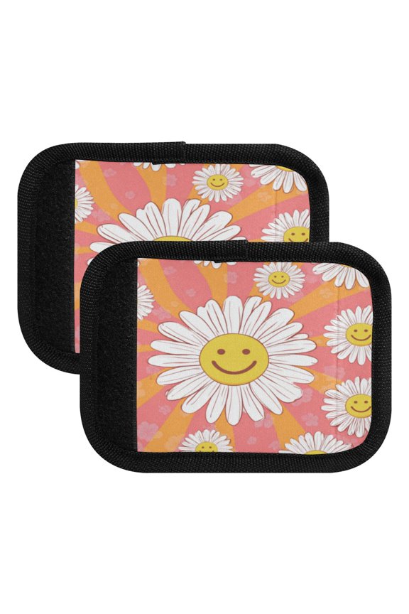 Luggage Handle Wrap for Suitcase 2-Pack Includes Back Information Card Smiley Face on Orange Background