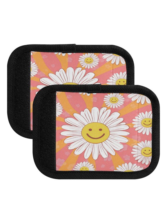 Luggage Handle Wrap for Suitcase 2-Pack Includes Back Information Card Smiley Face on Orange Background