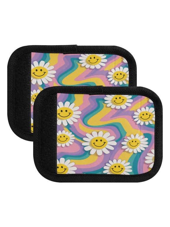 Luggage Handle Wrap for Suitcase 2-Pack Includes Back Information Card Smiley Faces on The Flowers