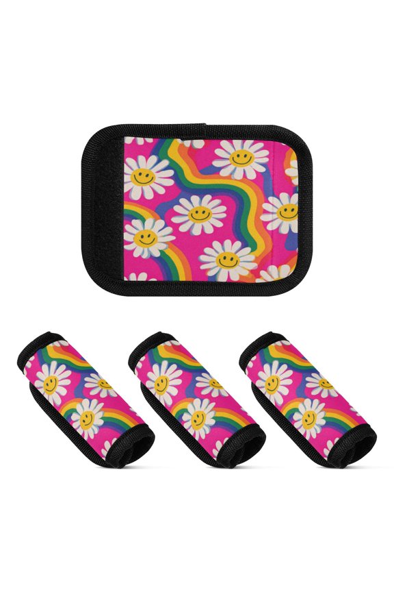 Luggage Handle Wrap for Suitcase 4-Pack Includes Back Information Card Groovy Daisies with Smiley Faces
