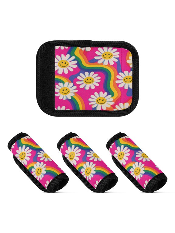 Luggage Handle Wrap for Suitcase 4-Pack Includes Back Information Card Groovy Daisies with Smiley Faces