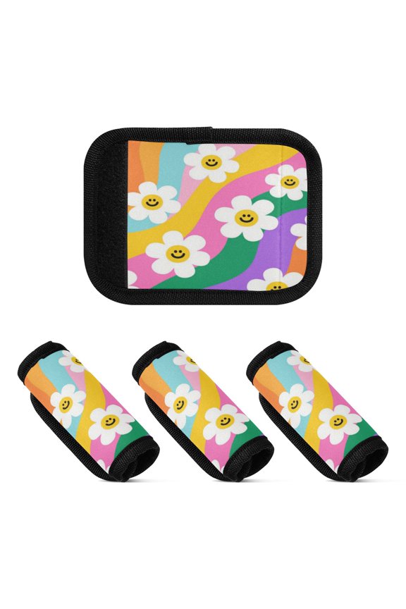 Luggage Handle Wrap for Suitcase 4-Pack Includes Back Information Card Smiley Daisy on Rainbow Background