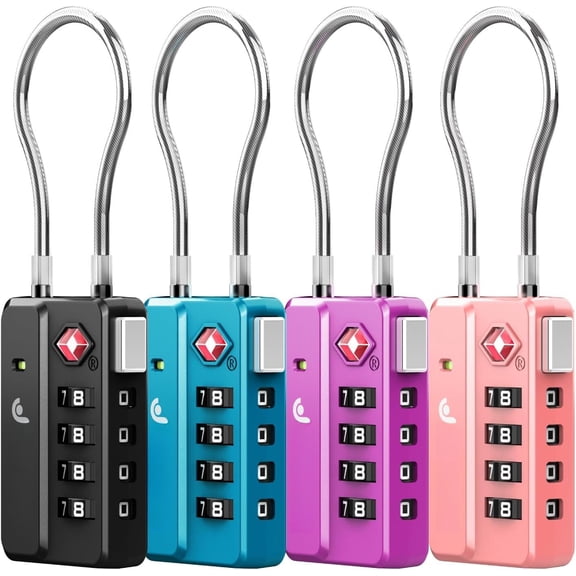 Luggage Locks TSA Approved for Luggage & Suitcase, 4 Digit Mini Locks Long Wire Padlock with 4 Combinations and Easy Reset for Travel, Gym Locker, Case, Backpack Zipper- 4 Pack