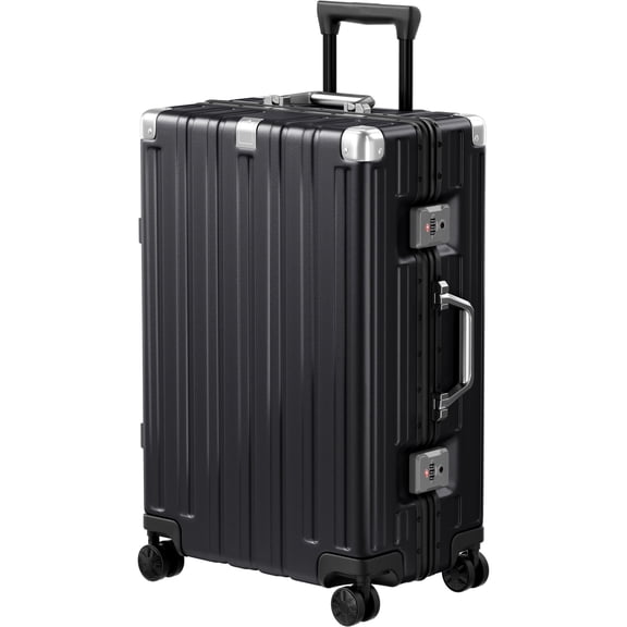 Checked Luggage Aluminum Frame Suitcase with Wheels PC ABS Hardside Zipperless with TSA Lock 24 Inch Black
