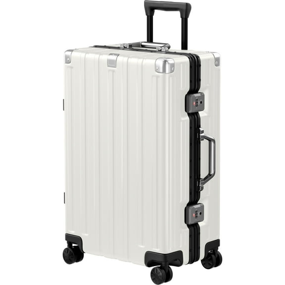 Checked Luggage Aluminum Frame Suitcase with Wheels PC ABS Hardside Zipperless with TSA Lock 24 Inch White