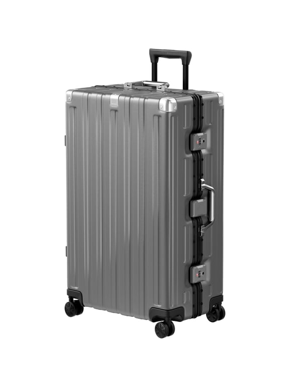 Checked Luggage Aluminum Frame Suitcase with Wheels PC ABS Hardside Zipperless with TSA Lock 28 Inch Gray