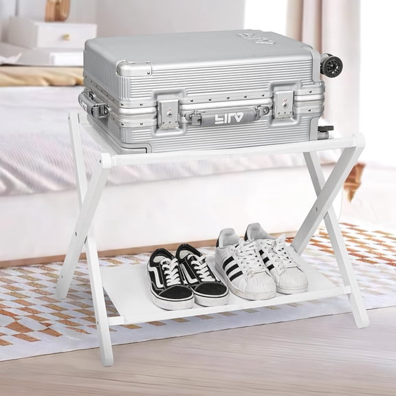 Luggage Rack,Bamboo Suitcase Stand with Storage Shelf,Folding Luggage Stand for Guest Room,Hotel,Bedroom,Heavy-Duty, Holds up to 131 lb, White$$Home Decor, Kitchen, & Other