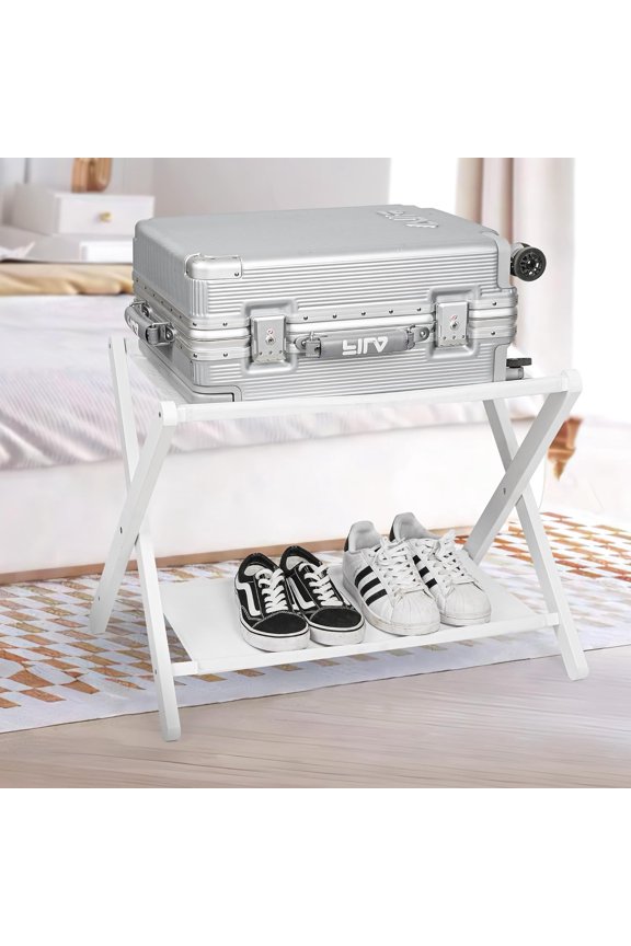Luggage Rack,Bamboo Suitcase Stand with Storage Shelf,Folding Luggage Stand for Guest Room,Hotel,Bedroom,Heavy-Duty, Holds up to 131 lb, White$$Home Decor, Kitchen, & Other